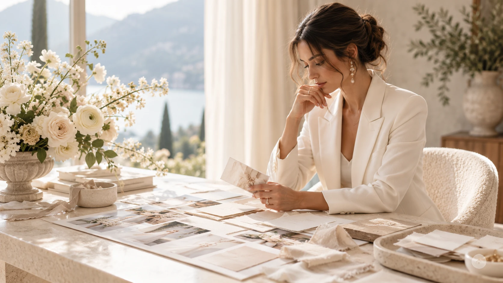 Weddingplanner in een wit pak bekijkt aantekeningen aan een bureau met bloemen