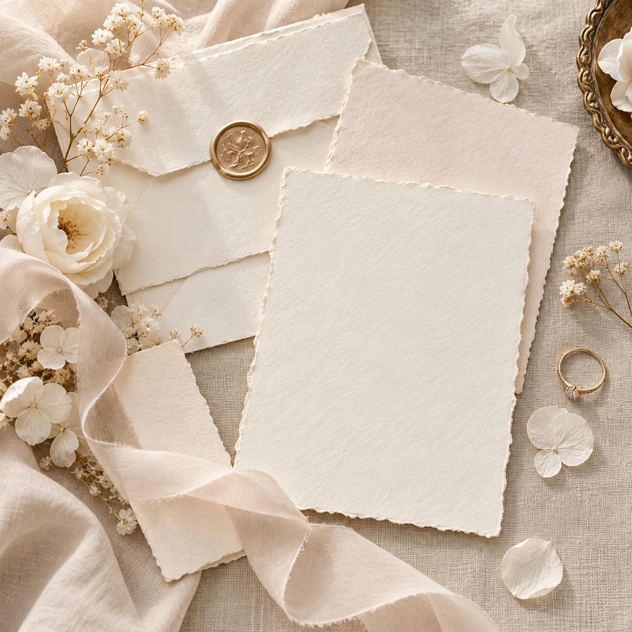 Trouwkaarten met een gouden lakzegel, zijden lint en witte rozen