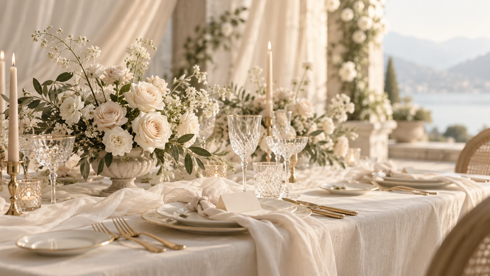 Lange gedekte tafel met witte bloemen, kaarsen en kristallen glazen boven een meer
